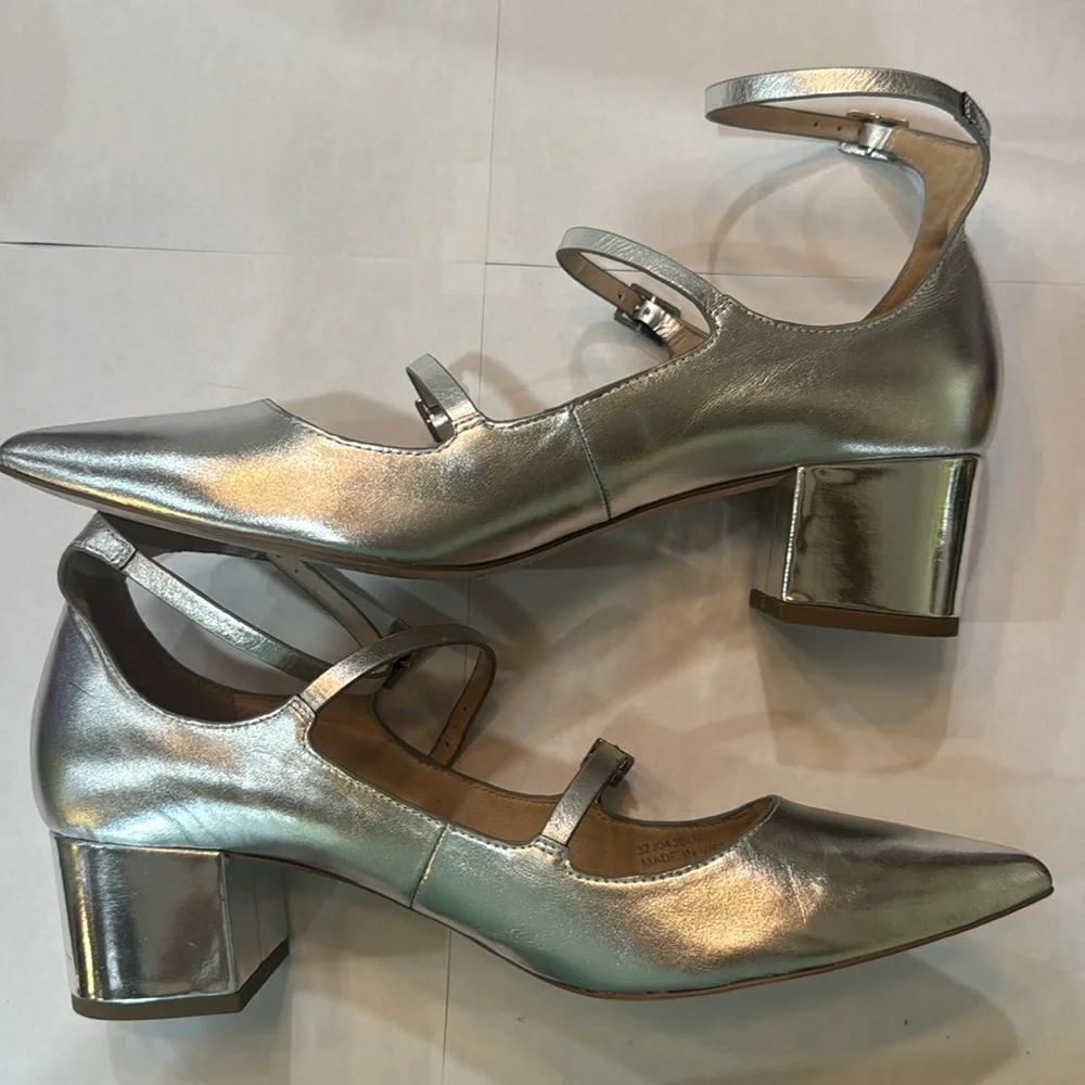 TOPSHOP Silver Pointy‎ Toe Block Heel Shoes Size 9.5/39